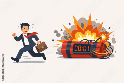 Stressed businessman in suit running away from exploding dynamite time bomb with countdown timer, concept of project deadline, business crisis, urgent risk management, and work pressure.