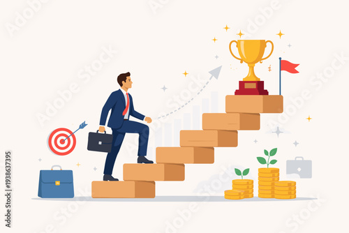 Successful businessman climbing wooden stairs to reach gold trophy, career growth, achievement, goal setting, financial success with money coins, target bullseye concept vector illustration.