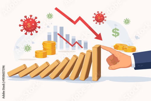 Businessman hand stopping domino effect of market and economics collapse during financial crisis from COVID-19 coronavirus pandemic, global recession, stock market crash and business recovery.