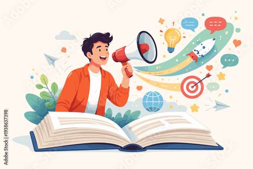 Storytelling Concept with Man Holding Megaphone and Open Book, Communicating Brand Story, Idea, or Message to Audience, Narrative Content Creation, Marketing and Education Vector Illustration