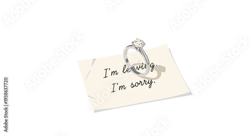 A sparkling silver engagement ring with a prominent diamond rests delicately on a crumpled cream-colored note against a stark white background.