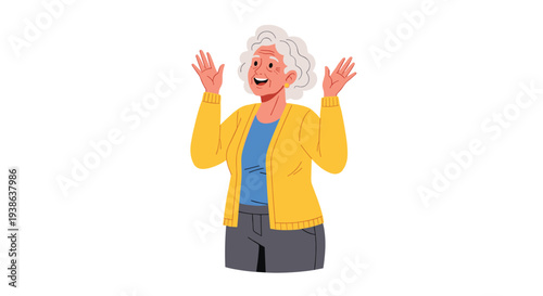 An elderly woman with grey hair and a yellow cardigan stands with both hands raised, expressing joy and surprise on a white background.