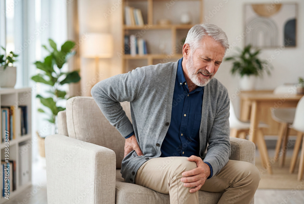 Fototapeta premium Senior man sitting in an armchair grimacing while touching his painful lower back and aching knee