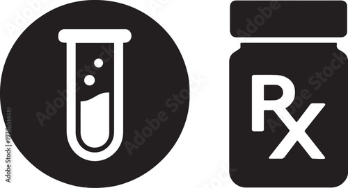 Test tube and Rx bottle icons representing science, research, and prescription medication.