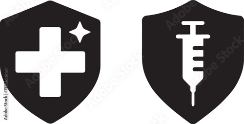 Shield icons with a cross and a syringe, symbolizing medical protection and vaccination.