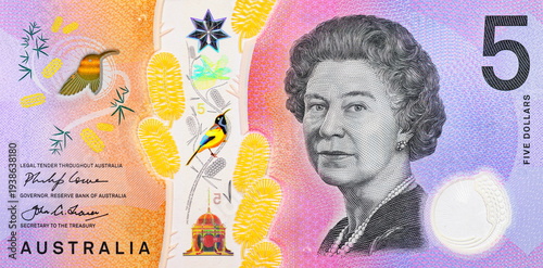 5 Dollars Australia with a portrait of Queen Elizabeth II and Banksia flowers. Polymer money. Money of Australia.