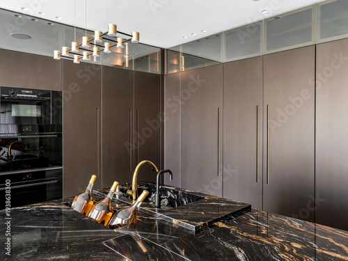 Modern luxury kitchen interior in minimal scandinavian style, 3d render