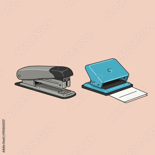 A gray stapler and a blue hole puncher are shown side-by-side on a light peach background.