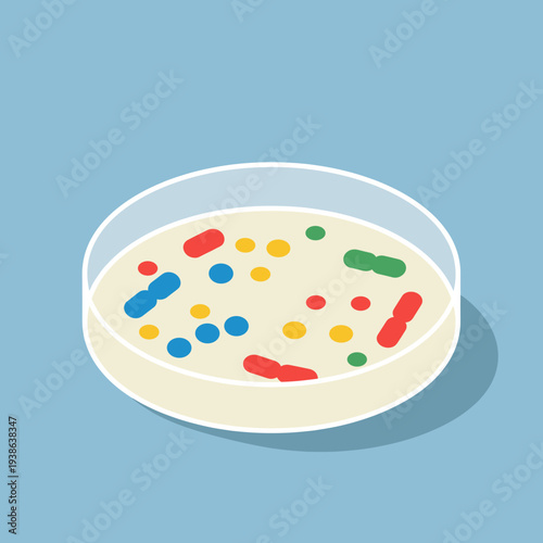 A petri dish filled with agar and colorful bacteria or microorganisms growing on it.