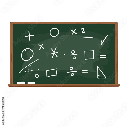 A green blackboard with a brown frame covered in various white chalk mathematical symbols and geometric shapes.