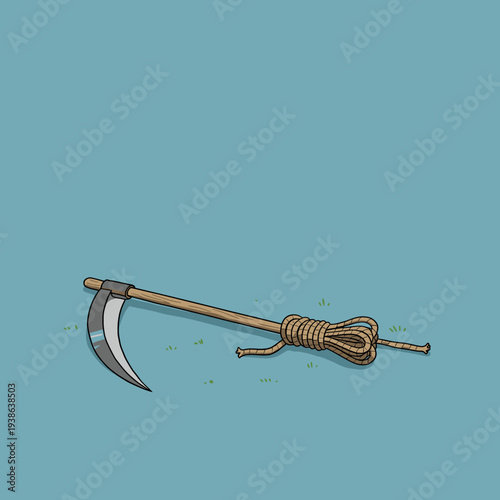 A scythe with a wooden handle and a metal blade, next to a coiled rope, on a light blue background with sparse grass.