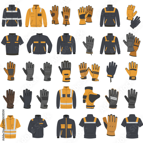 Collection of safety workwear and protective gloves for various industrial and construction applications.