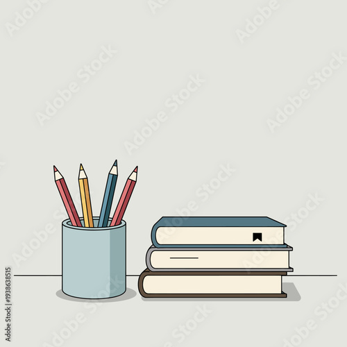 A simple illustration of a pencil holder filled with colored pencils next to a stack of three books on a plain background.