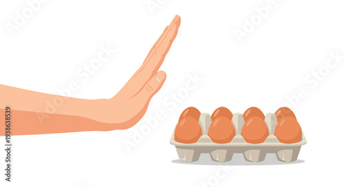 A human hand performs a clear stop gesture towards an open cardboard egg carton with four brown eggs on a pristine white surface.