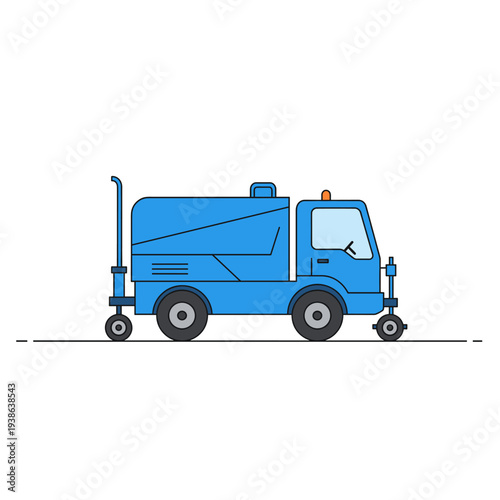 A blue street sweeper truck with a large tank and brushes, depicted in a flat, illustrative style.