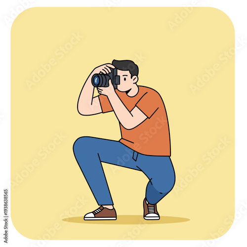 A man in an orange shirt and blue pants crouching down to take a photo with a camera, illustrated on a yellow background.
