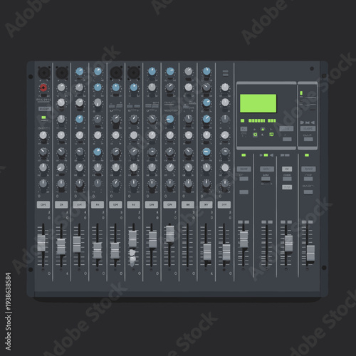 Professional audio mixing console with multiple channels, faders, knobs, and a green digital display for sound engineering and music production.
