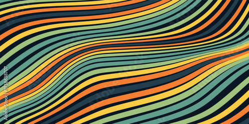 Abstract colorful 70s background vector. Vintage retro wallpaper with rainbow stripes and wavy lines. A 1970 color illustration suitable for posters, banners, decorative items and wall art.