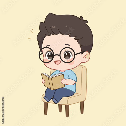 A cute cartoon boy with glasses is sitting on a chair and reading a book with a happy expression.