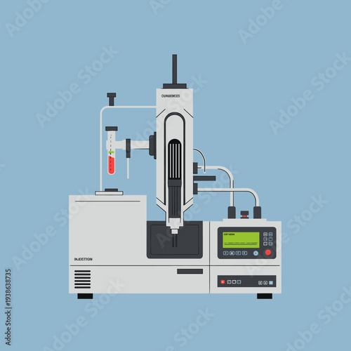 A detailed illustration of a scientific laboratory instrument with a test tube and digital display.