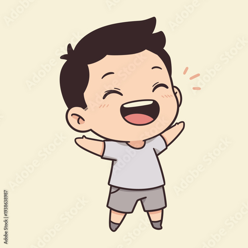 A cheerful cartoon boy with dark hair laughing happily with arms outstretched.