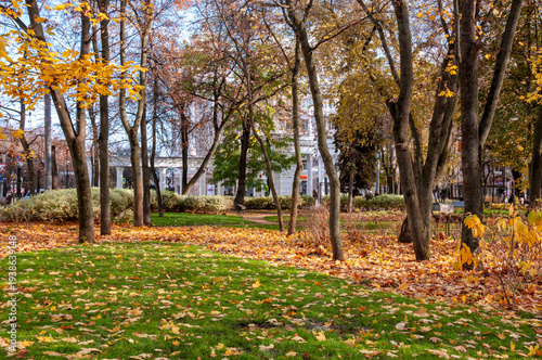 Voronezh, Russia, October 25, 2025: People stroll through the central Orlyonok Park on an autumn day