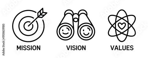 Vision mission and values editable stroke outline icons set isolated on white background, corporate strategy concept symbols including target goal leadership and teamwork, minimalist flat vector