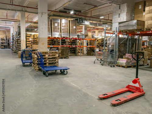 Voronezh, Russia, December 24, 2025: A huge warehouse with boxes and pallets, industrial logistics