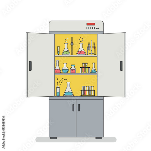 Illustration of a laboratory fume hood or chemical storage cabinet with various glassware and colorful liquids inside.