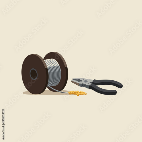 Illustration of a spool of wire and a pair of pliers, essential tools for electrical work or soldering.