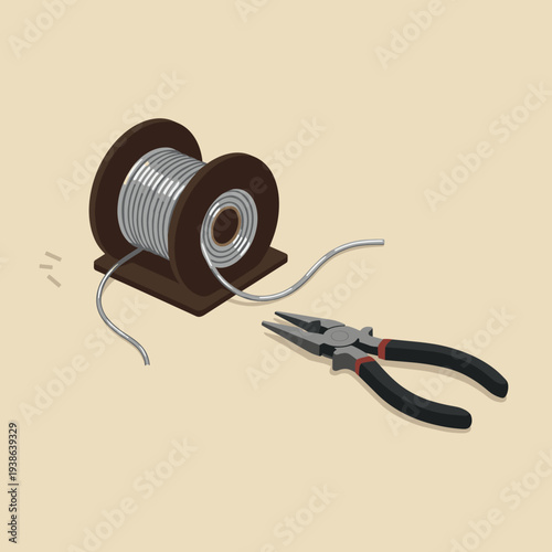 A spool of shiny solder wire next to a pair of black-handled pliers on a light brown background.
