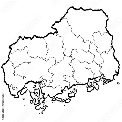 広島県地図 筆タッチ 市町村区分 和風 中国地方 西日本 / A brushstroke map of Hiroshima prefecture 2