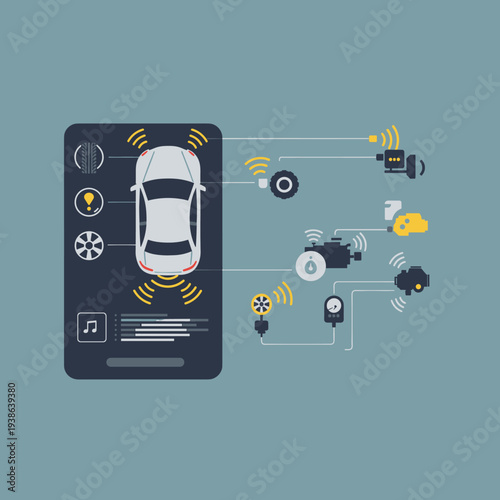 Smartphone app controlling and monitoring a connected car's systems and external services via wireless technology.