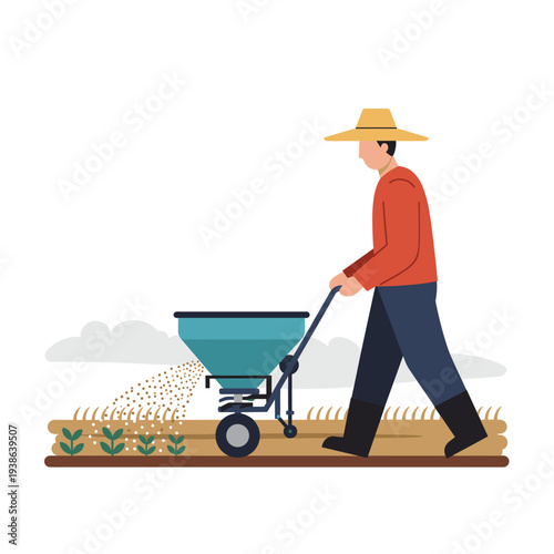 A farmer in a hat pushing a fertilizer spreader in a field, cultivating crops.