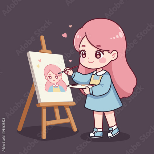 Cute cartoon girl with pink hair painting a self-portrait on an easel, holding a brush and palette, surrounded by hearts.