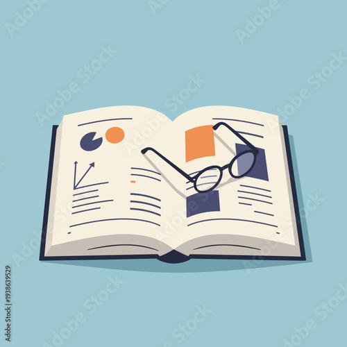 An open book with charts and text, featuring a pair of reading glasses resting on its pages, set against a light blue background.