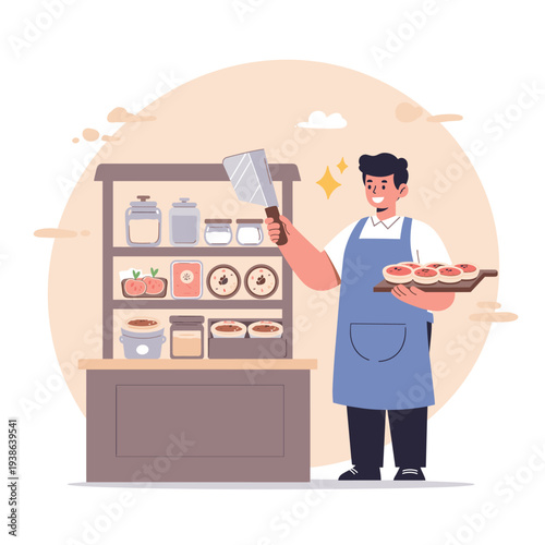 A smiling baker holding a cleaver and a tray of freshly baked goods in his kitchen.
