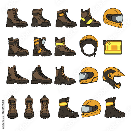 Collection of various brown work boots, hiking boots, and yellow safety helmets, including motorcycle helmets and a reflective vest, presented as vector illustrations.