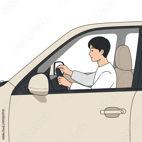 A man driving a beige car, seen from the side, holding the steering wheel.