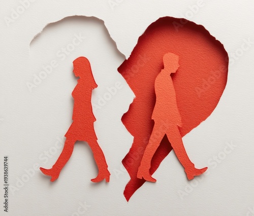 Paper cutouts of a couple walking away from each other, amidst a broken heart
