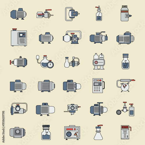 A collection of industrial and laboratory equipment icons, including pumps, motors, valves, and various containers, presented in a flat design style.