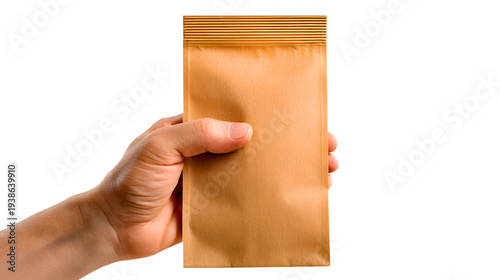 Hand holding brown paper package isolated on a transparent background