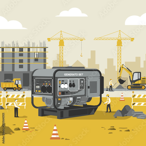 A detailed illustration of a construction site featuring a large industrial generator, cranes, heavy machinery, and workers.