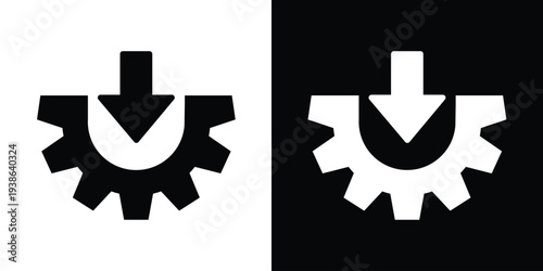 Gear wheel icon with a downward-pointing arrow. Represents system input, data processing, mechanical assembly, or identifying technical decline and maintenance needs. Vector illustration.