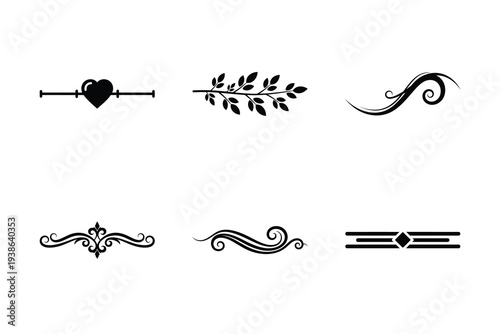 Group of six black ornamental dividers and borders on white background