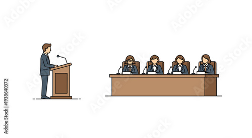 A male speaker addresses a panel of four women seated at a long wooden table with microphones in a formal setting.