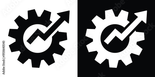 Industrial gear wheel with an upward growth arrow. Vector concept representing operational efficiency, technical progress, mechanical optimization, and productive workflow improvement.