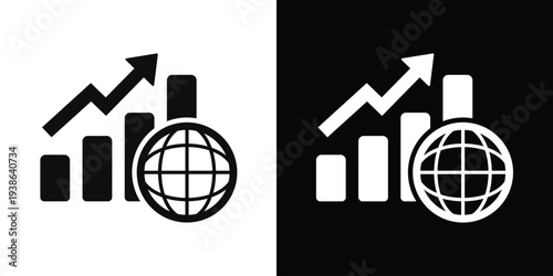 Bar graph with rising arrow and a globe icon. Symbolizes international business expansion, global market trends, worldwide economic growth, and global trade statistics analysis.
