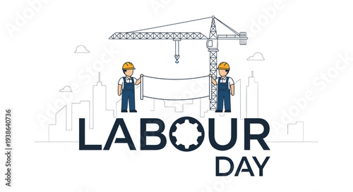 Labour Day vector illustration with construction workers and cityscape