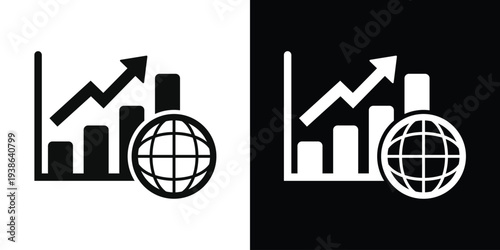 Bar graph with rising arrow and a globe icon. Symbolizes international business expansion, global market trends, worldwide economic growth, and global trade statistics analysis.